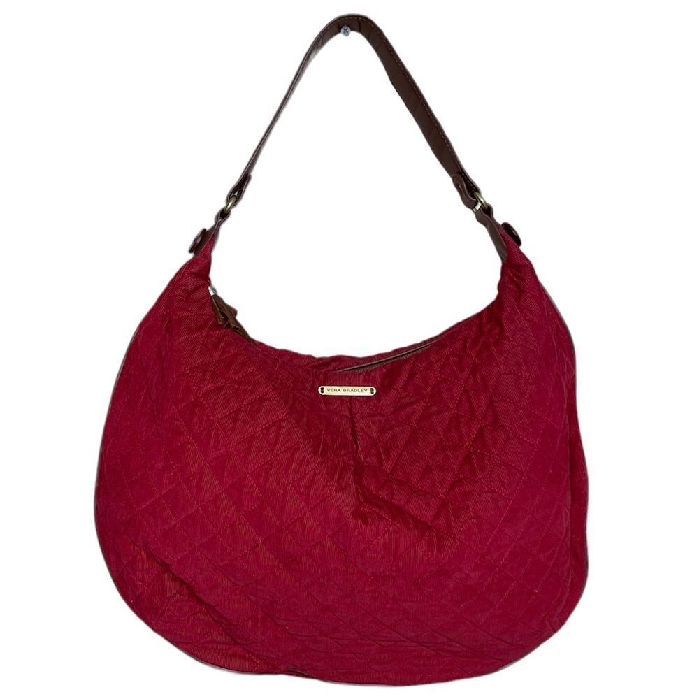 Retired Vera Bradley Red Corduroy Brown Leather Hobo Handbag Purse